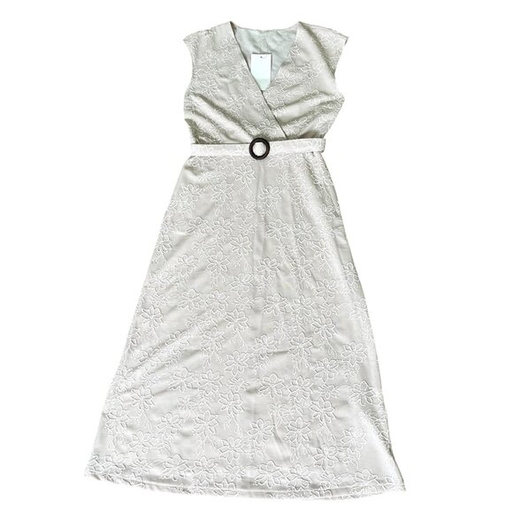 Zara Rustic Midi Dress Ecru Beige | V-Neck Wrap | Belted Floral Jacquard Size M - Picture 9 of 13